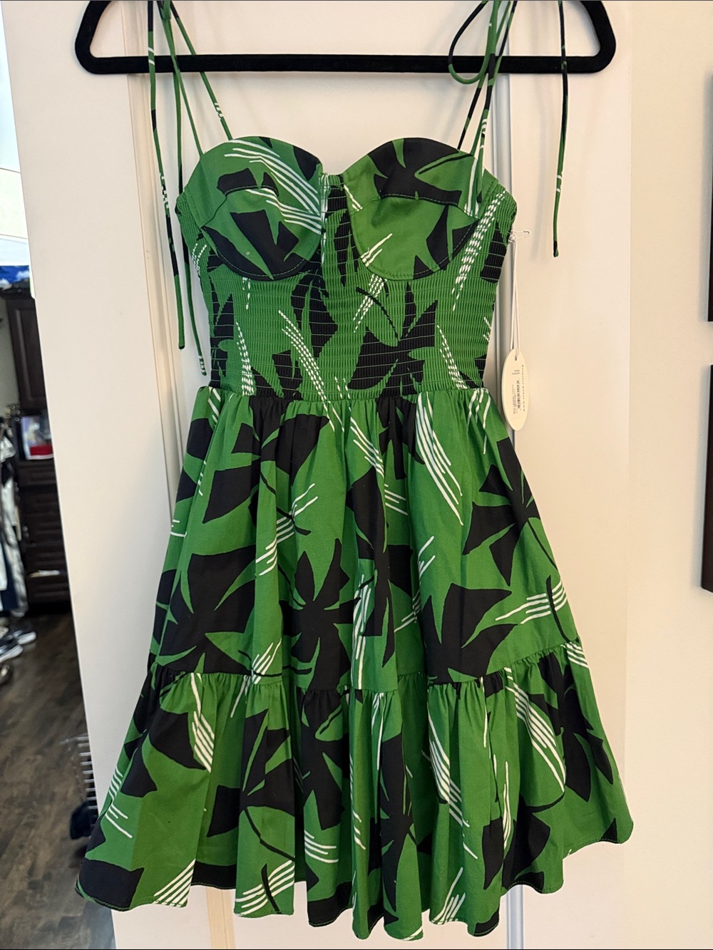STAUD Green and Black Abstract Tie-Strap Dress